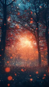 Luminous Forest Passage at Sunset with Particle Effects.
