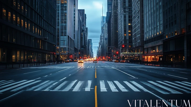 Empty downtown city avenue at dusk with glowing traffic.