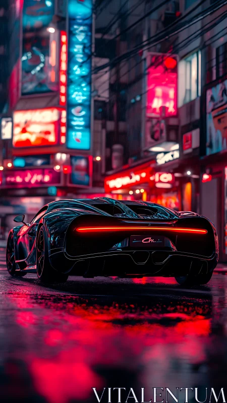 Supercar glows under neon lights on a rain soaked city street