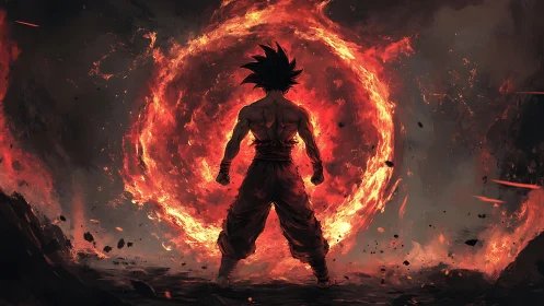 Fiery anime warrior standing strong in a blazing storm.