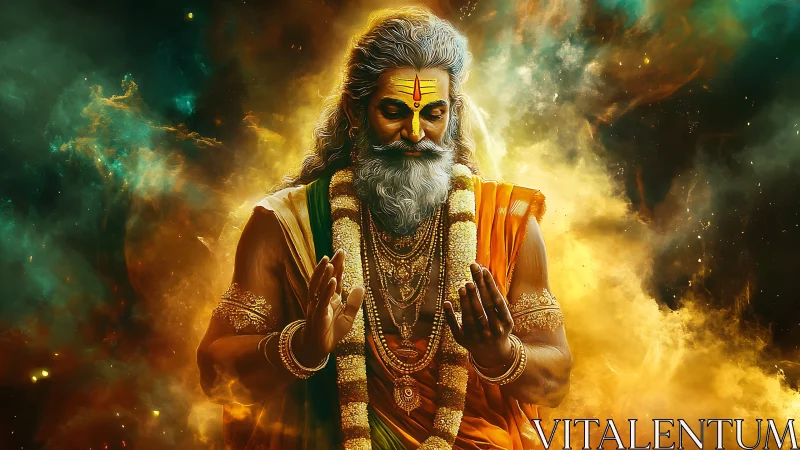 Divine sage in cosmic light with radiant spiritual aura.