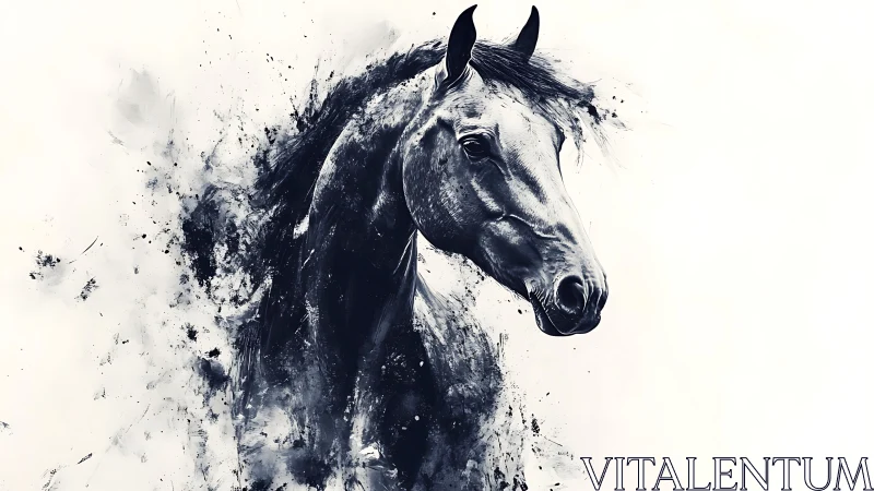 Ink-splashed horse portrait in expressive monochrome style.