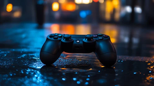 PlayStation DualShock Controller on Wet Urban Surface with Ambient Lighting