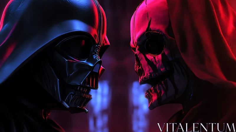 Dark armored figure confronts hooded skull in red blue light