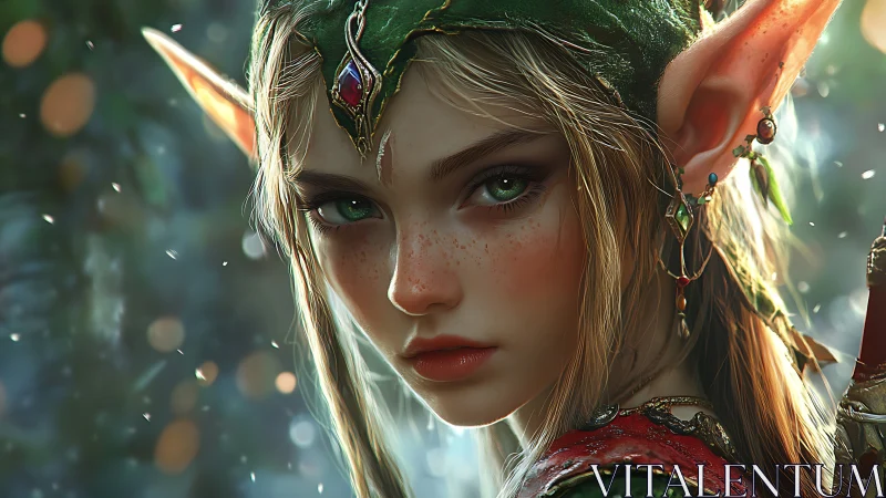Forest elf guardian with luminous green, freckled gaze.