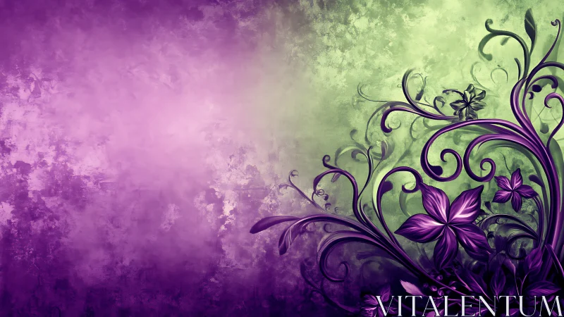 Violet floral swirls cross textured green gradient field.
