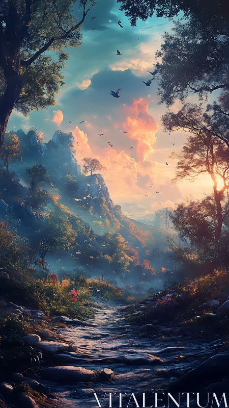 Sunlit mountain path winding through ethereal forest valley.