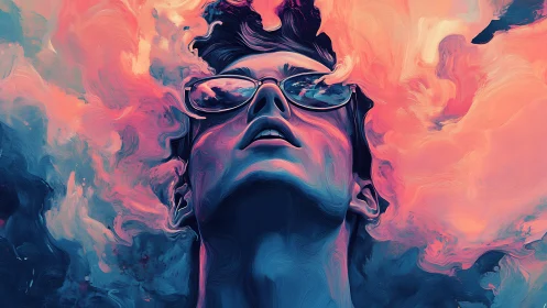 Dream-lit gaze dissolves into neon clouds of imagination.