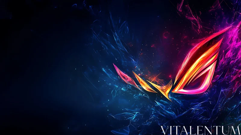 Abstract neon emblem forms emerge from dark digital field