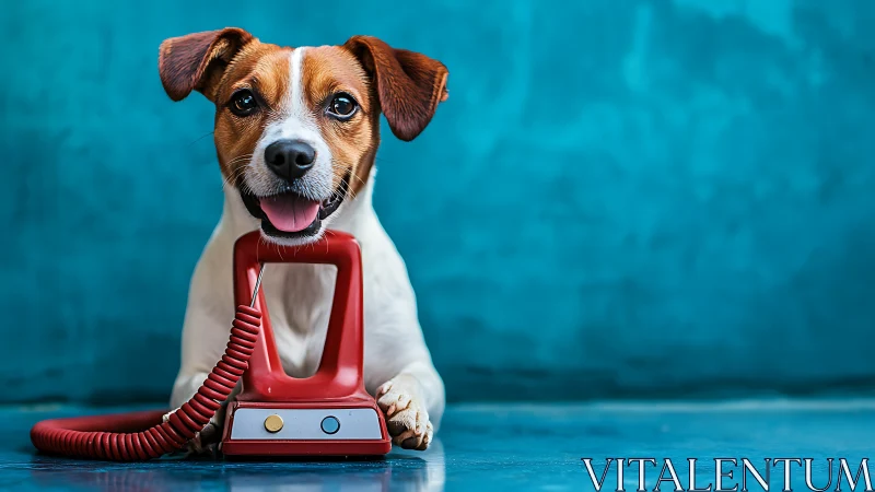 Happy Dog Holding Red Vintage Telephone.