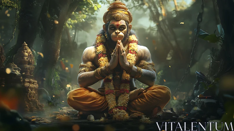 Divine monkey deity meditates in luminous jungle shrine