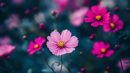 Cosmos Flowers in Soft Focus Garden Landscape