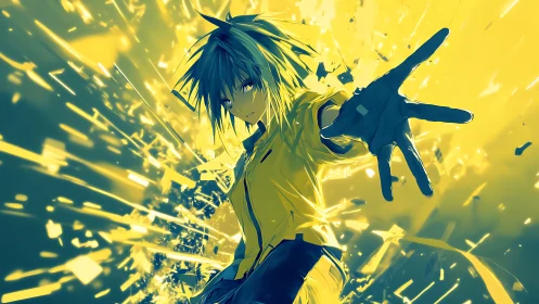 Anime character extends hand amid yellow energy shards