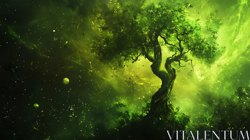 Enchanted cosmic tree glowing gently in a dreamy green sky.