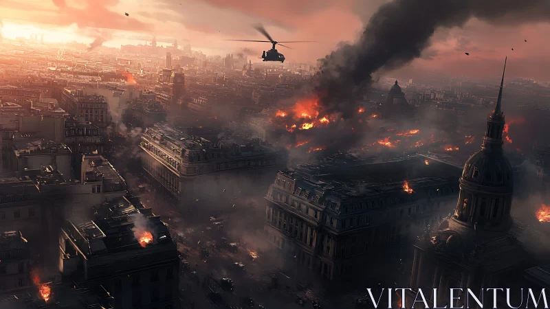 War-torn cityscape burns under smoky sunset skies.