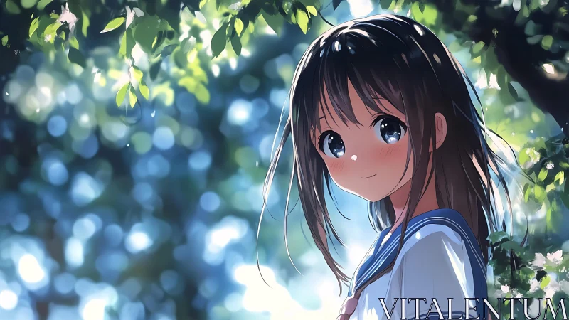 Smiling anime schoolgirl glows beneath soft dappled sunlight