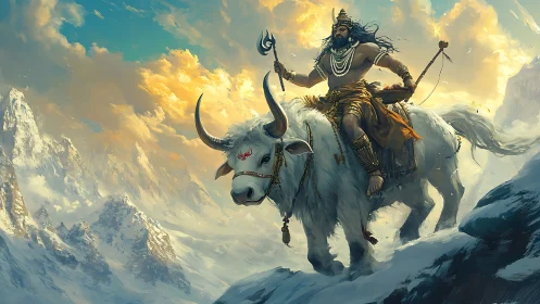 Mythic mountain warrior riding sacred white yak in snowstorm.