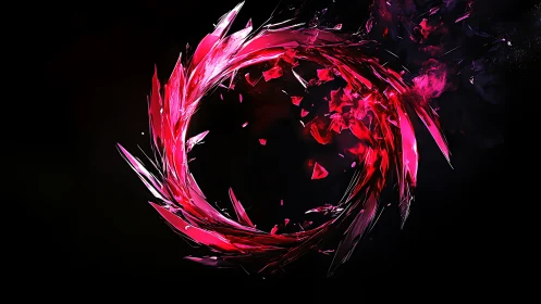 Circular formation of red fractal shards on black field.