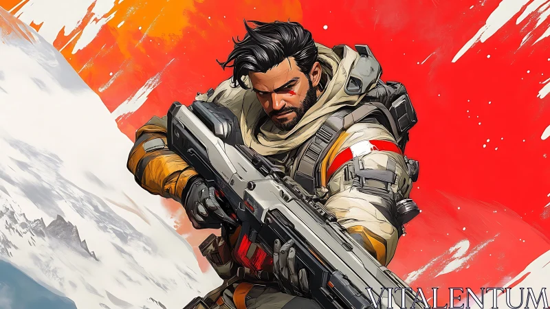 Tactical sci fi marksman with composite rifle in arctic theater.