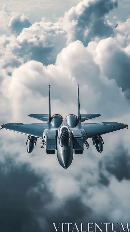Steel-winged fighter slices sky above sculpted storm clouds.