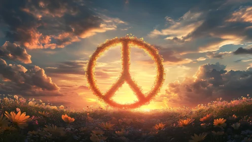 Floral peace symbol glows against radiant sunset sky.