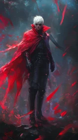 White-haired warrior in red cloak amid swirling reds.