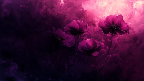 Four magenta flowers against dark abstract background.