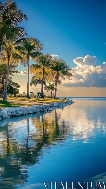 Tropical Waterfront with Palm Trees and Calm Water