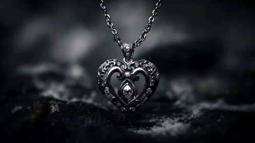 Heart-shaped metal pendant with gemstone on dark chain.