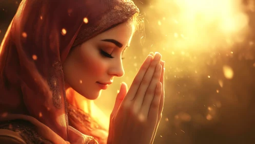 Serene woman praying at sunset in golden light, soft focus style.
