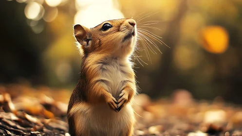 Sunlit chipmunk gazes upward in a dreamy autumn forest