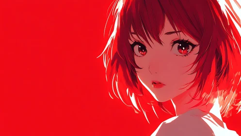 Red-haired anime girl turns under stark crimson light