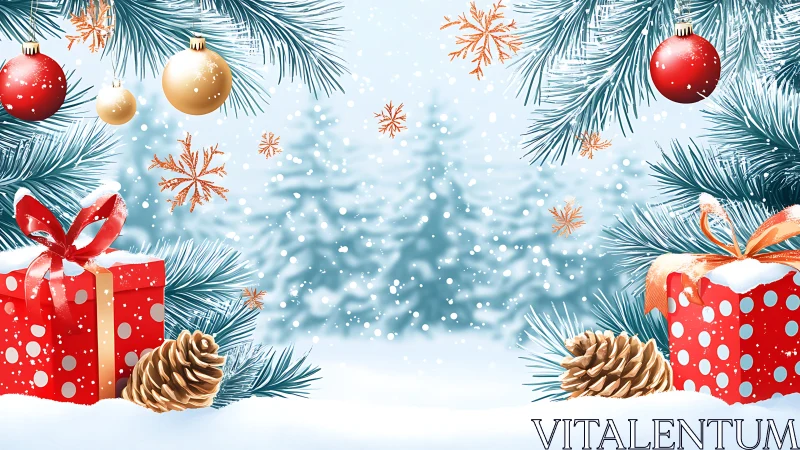 Snowy pine forest wrapped in bright Christmas cheer.