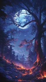 Nocturnal Forest Scene With Luminous Moon and Fire Base.
