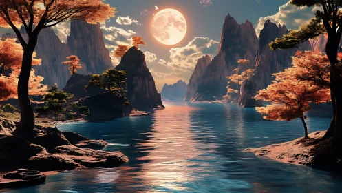 High-resolution 3D lunar lake with autumn trees and jagged peaks