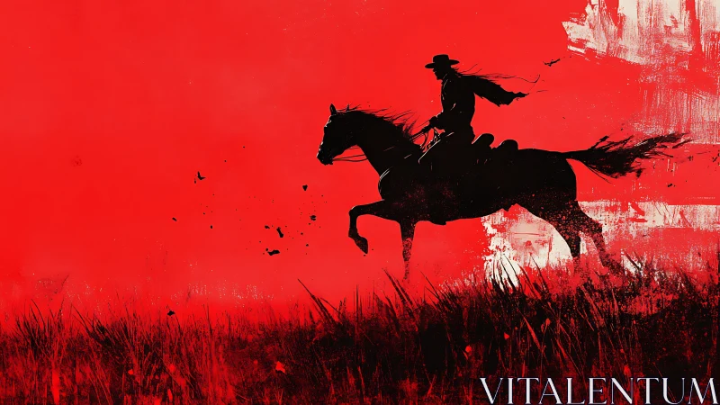 Lone rider silhouette cuts across red prairie dusk sky