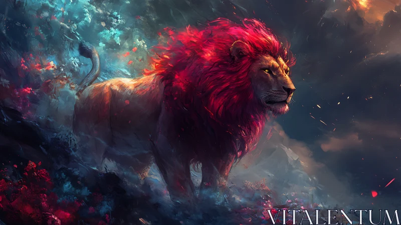 Majestic crimson-maned lion strides through ethereal nebula