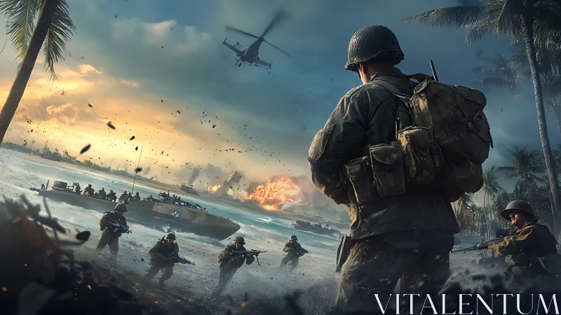 Pacific beachhead assault under cinematic war lighting.