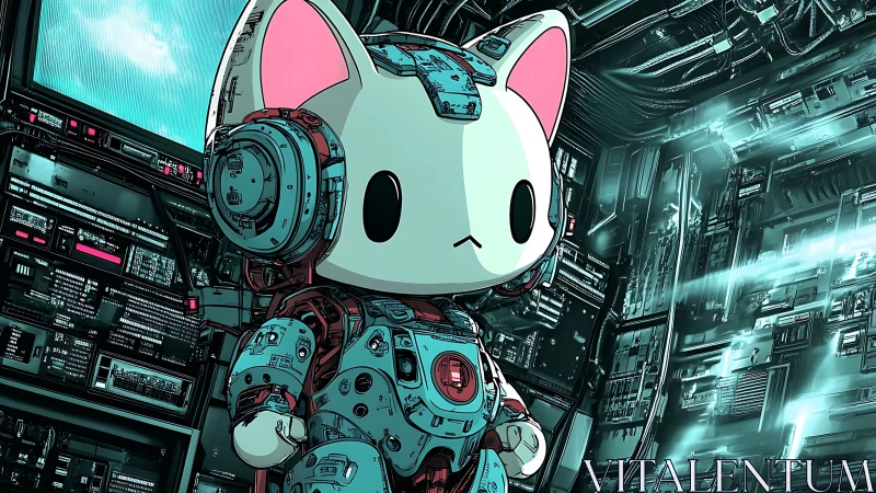 Cyborg cat character in teal sci fi control room environment.