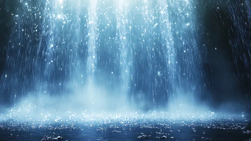 Vertical light beams illuminate dense rainfall and surface spray