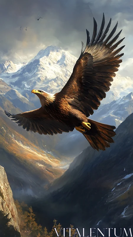 Digital painting of eagle gliding above alpine mountain valley.