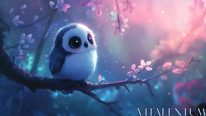 Cute baby owl on a branch in dreamy pastel fantasy forest scene.