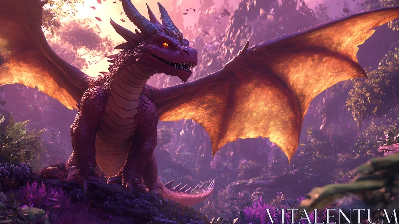 Bioluminescent crimson dragon in sunlit violet forest clearing