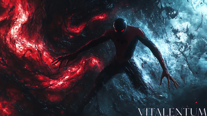 Dynamic spider-suited figure between turbulent red and cyan energy fields