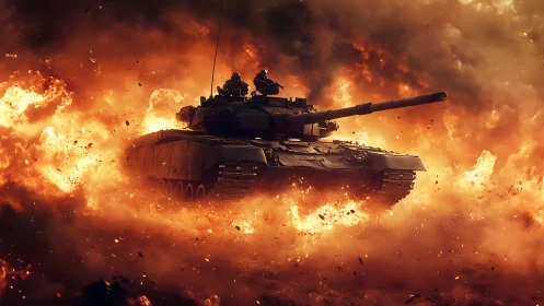 Military Tank Combat in Inferno of Explosions and Fire