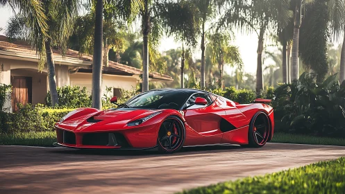 Red mid‑engine hypercar parked on palm‑lined driveway at villa