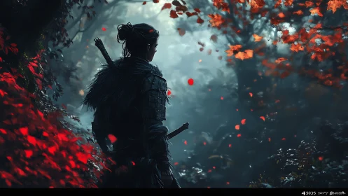 Solitary armored figure observing red foliage in forest.