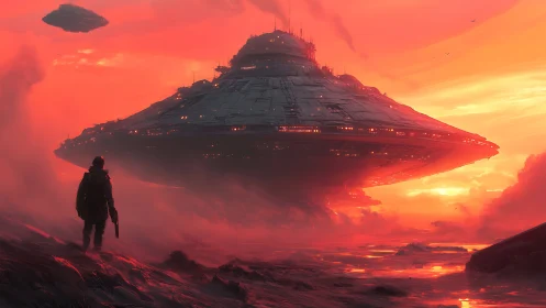 Colossal disk starship over volcanic plain at sunset glow