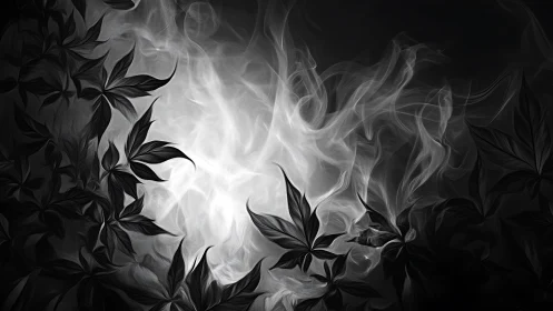 Monochrome foliage silhouettes framing ethereal smoke core.