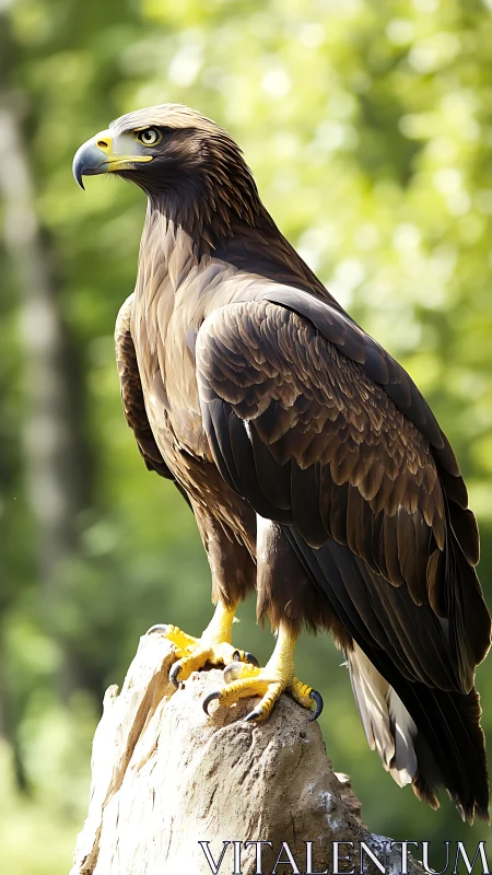 Golden eagle stands vigilant on sunlit forest perch